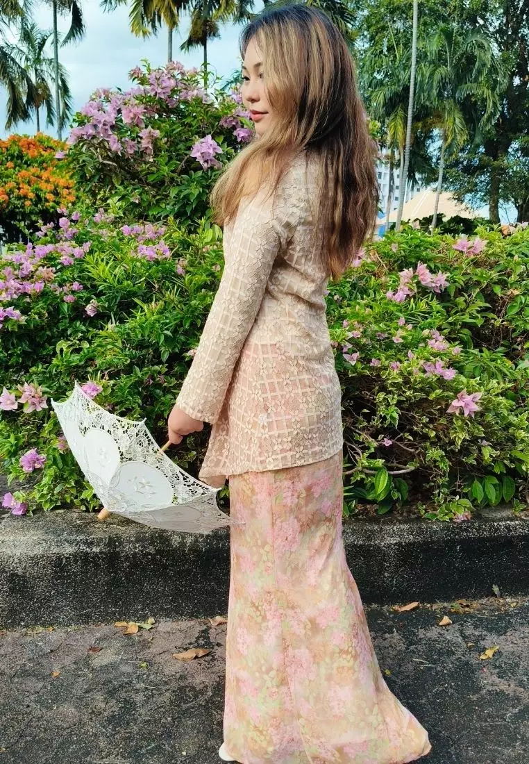 Loveaisyah Beige Checkered Lace Kebaya Top & Floral Chiffon Skirt Hari Raya