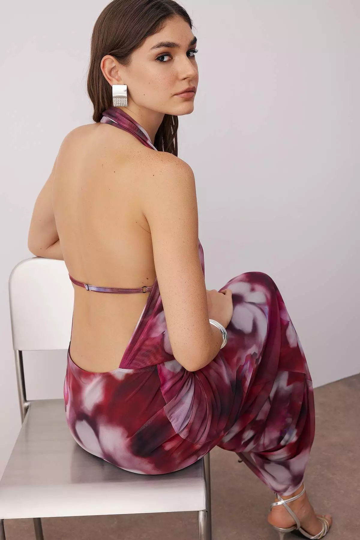 Burgundy-Multi-Floral Patterned Knitted Tulle Long Evening Dress Graduation Dress Tprss24Ae00261