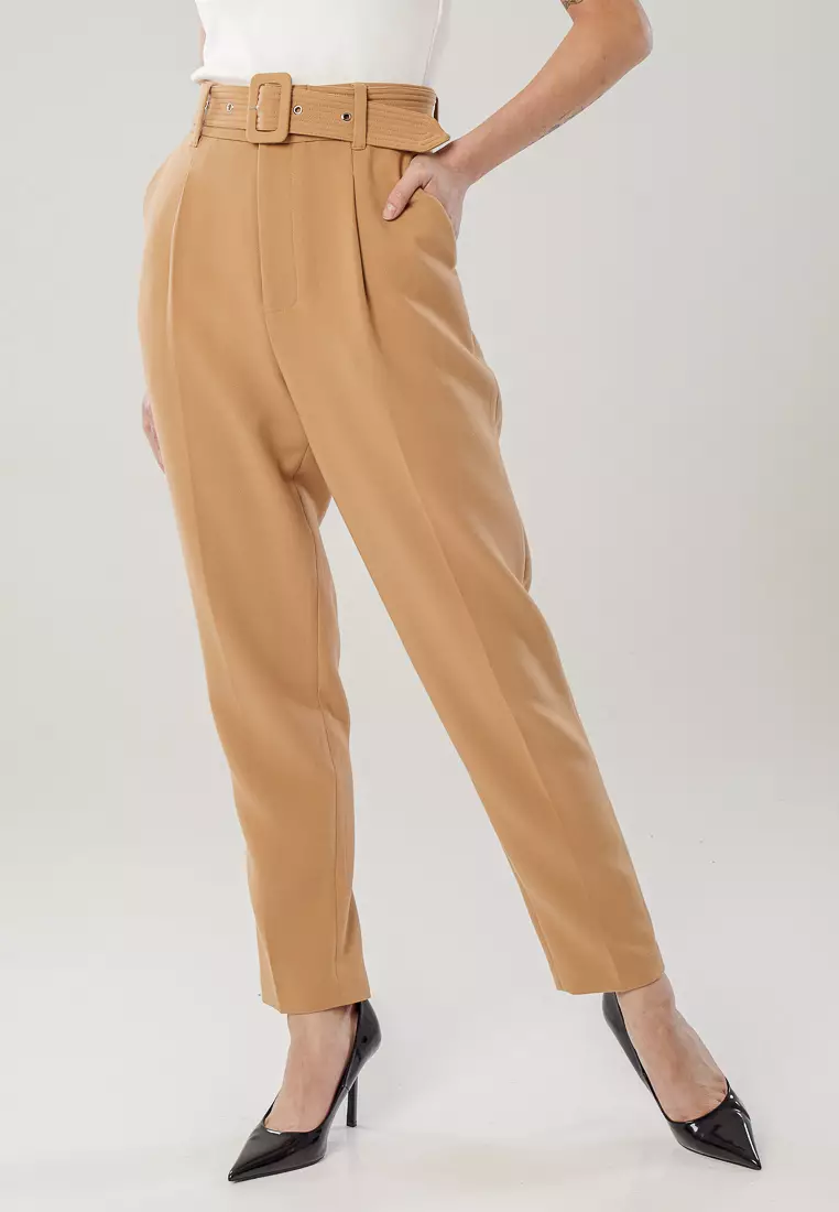 Dressing Paula Belted High-Rise Crepe Tapered Pants 2024