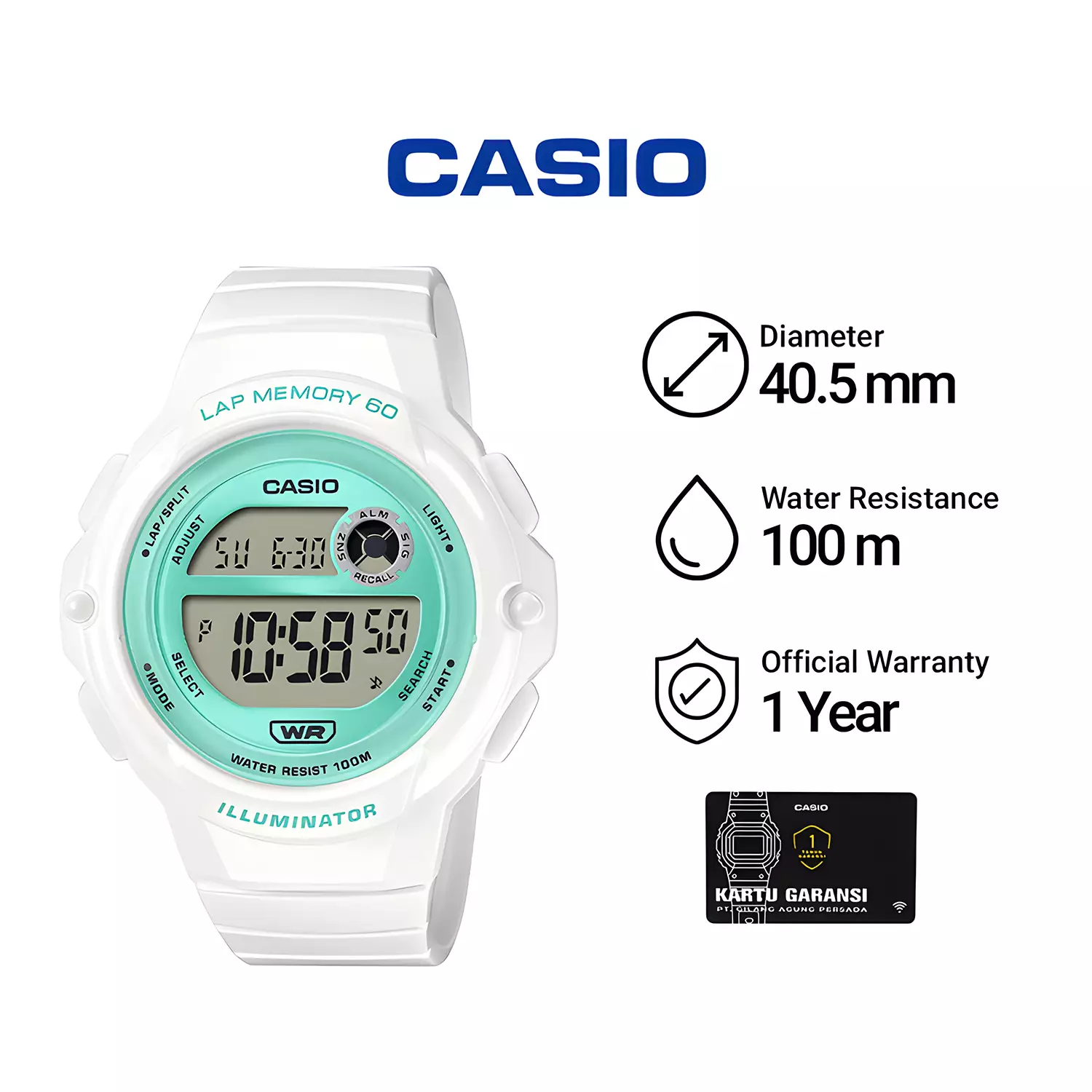 Casio General - Jam Tangan Digital Wanita - Green Dial - White Resin Case & Band - LWS-1200H-7A3V