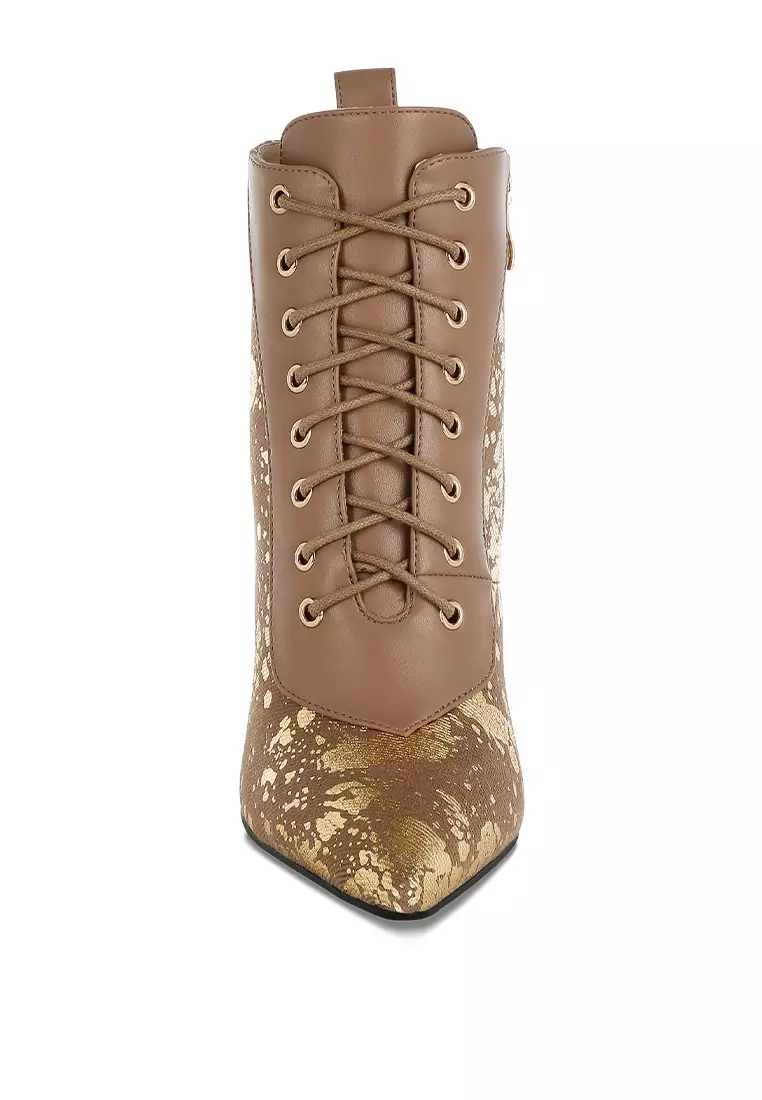 Abstract Pattern Lace-Up Ankle Boots in Brown