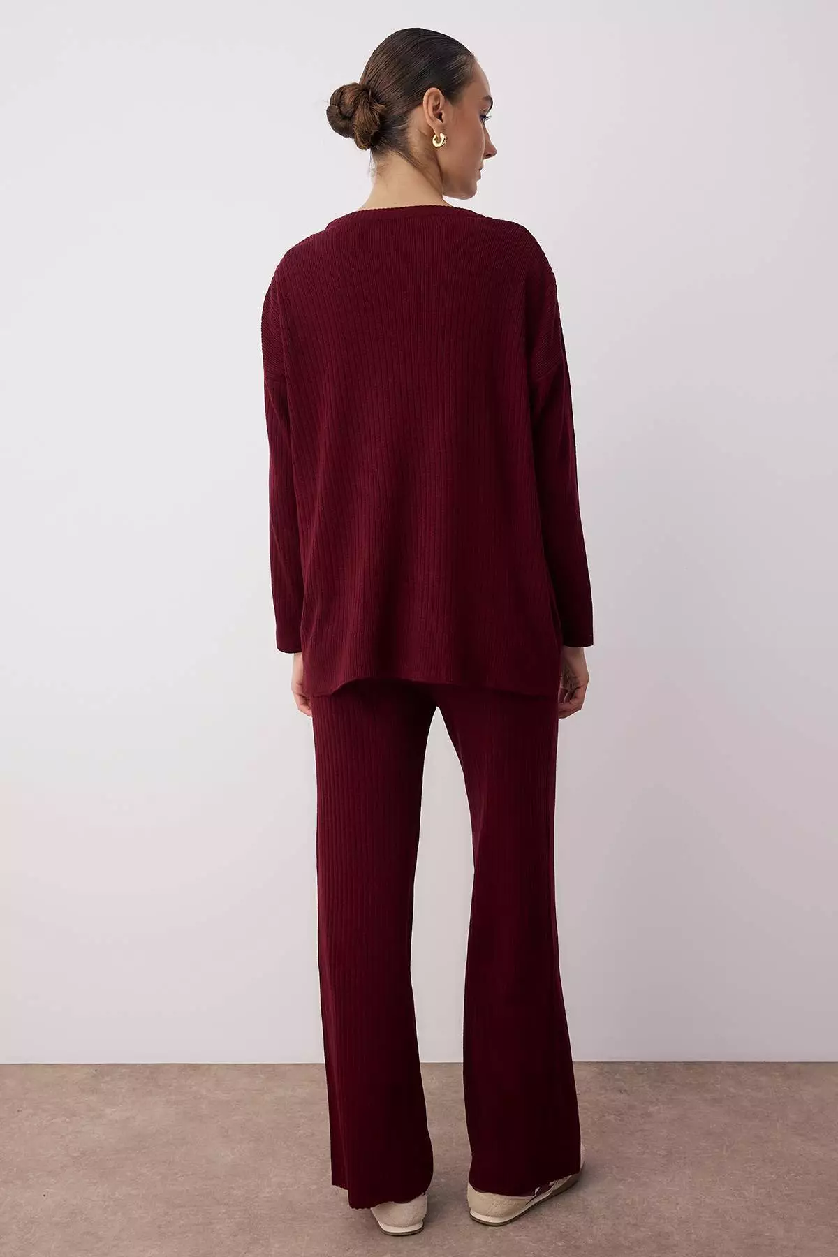 Claret Red Wide Pattern Basic Ribbed Knitwear Top-Bottom Set Twoss20Au0084