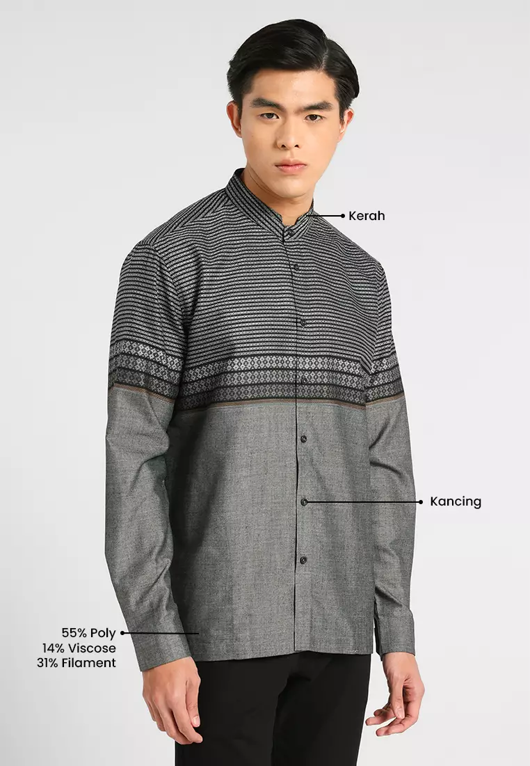 MANZONE X Adipati Dolken - Kemeja Koko Lengan Panjang Pria Kaffah Comfort Fit - Dark Grey Warna Grey Dark