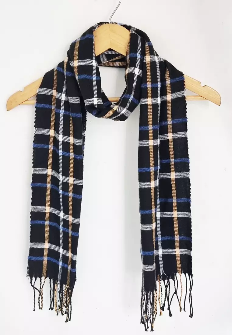 Aksesoris Syal Wanita Checkered Muffler Shawl Black & Blue