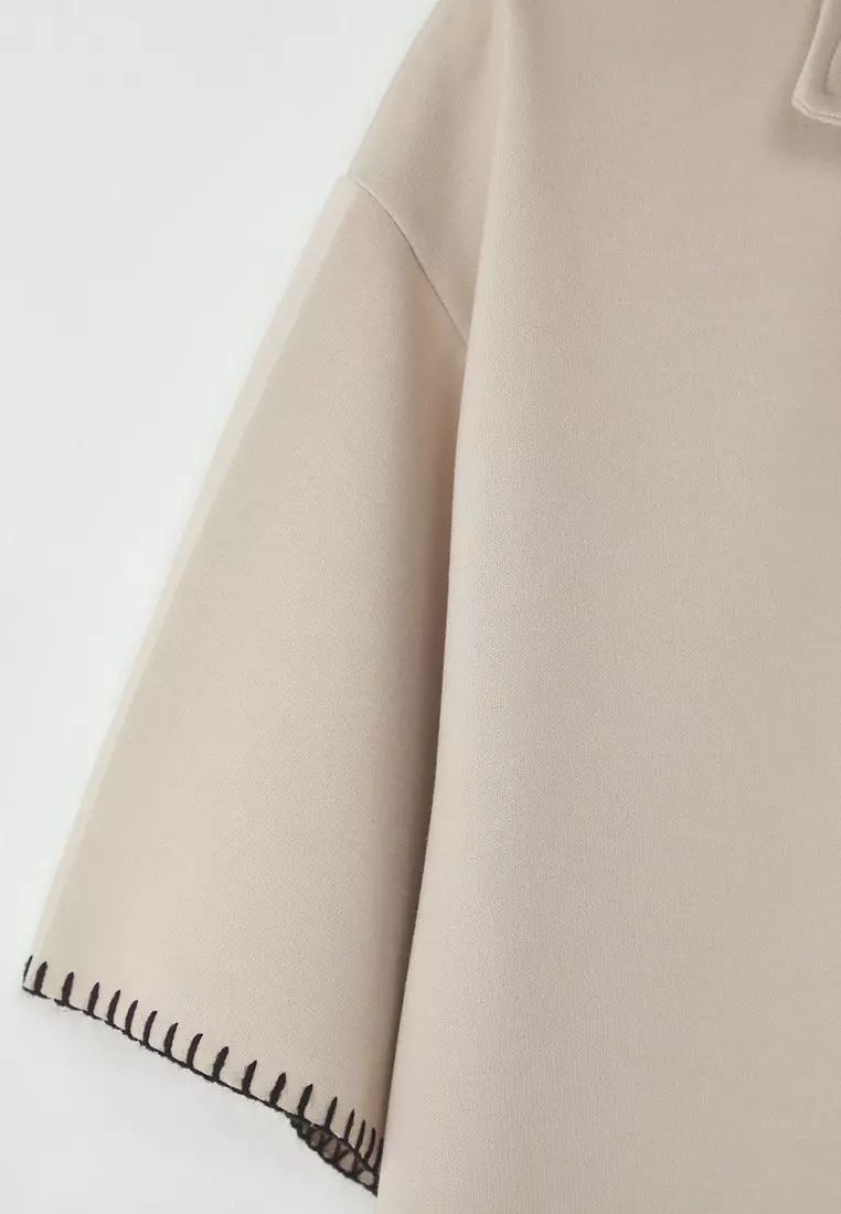 Limited Edition Stone Oversize/Wide Cut Contrast Stitch Detail Polo Neck T-shirt TMNSS25PO00009