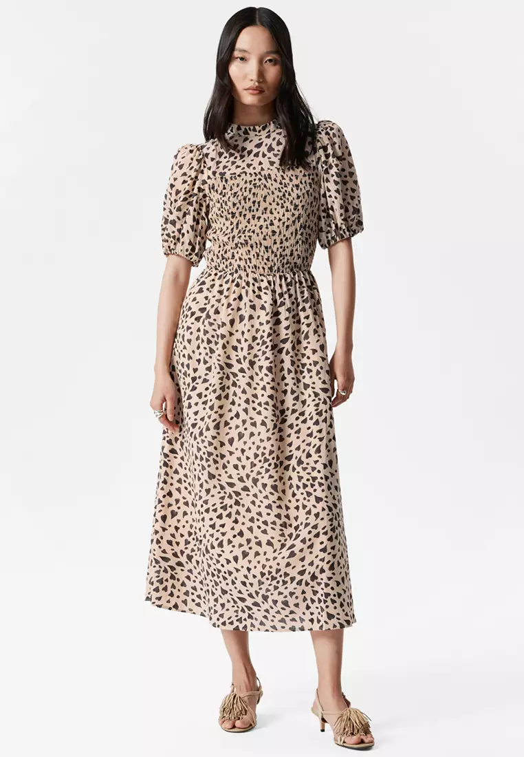 Smocked Puff-Sleeve Midi Dress