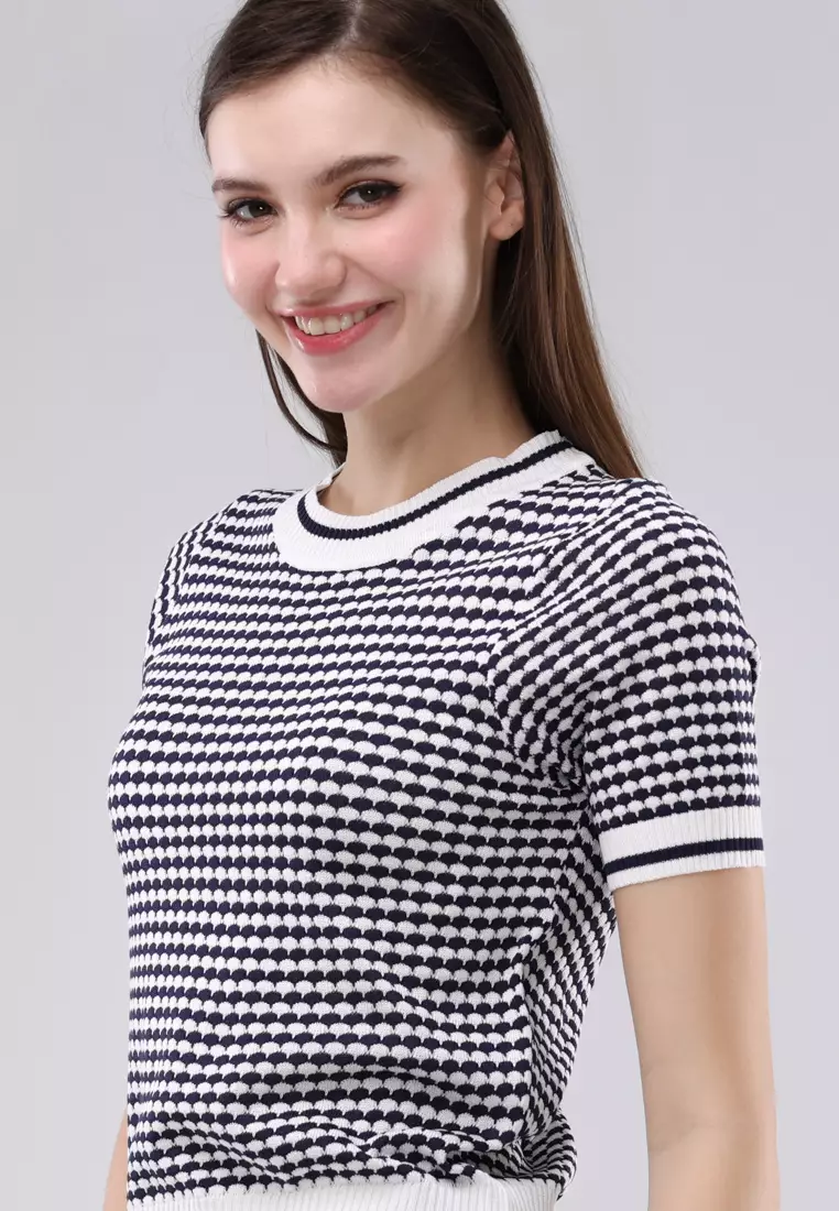 Jacquard Plain Knits Short Sleeves Blouse