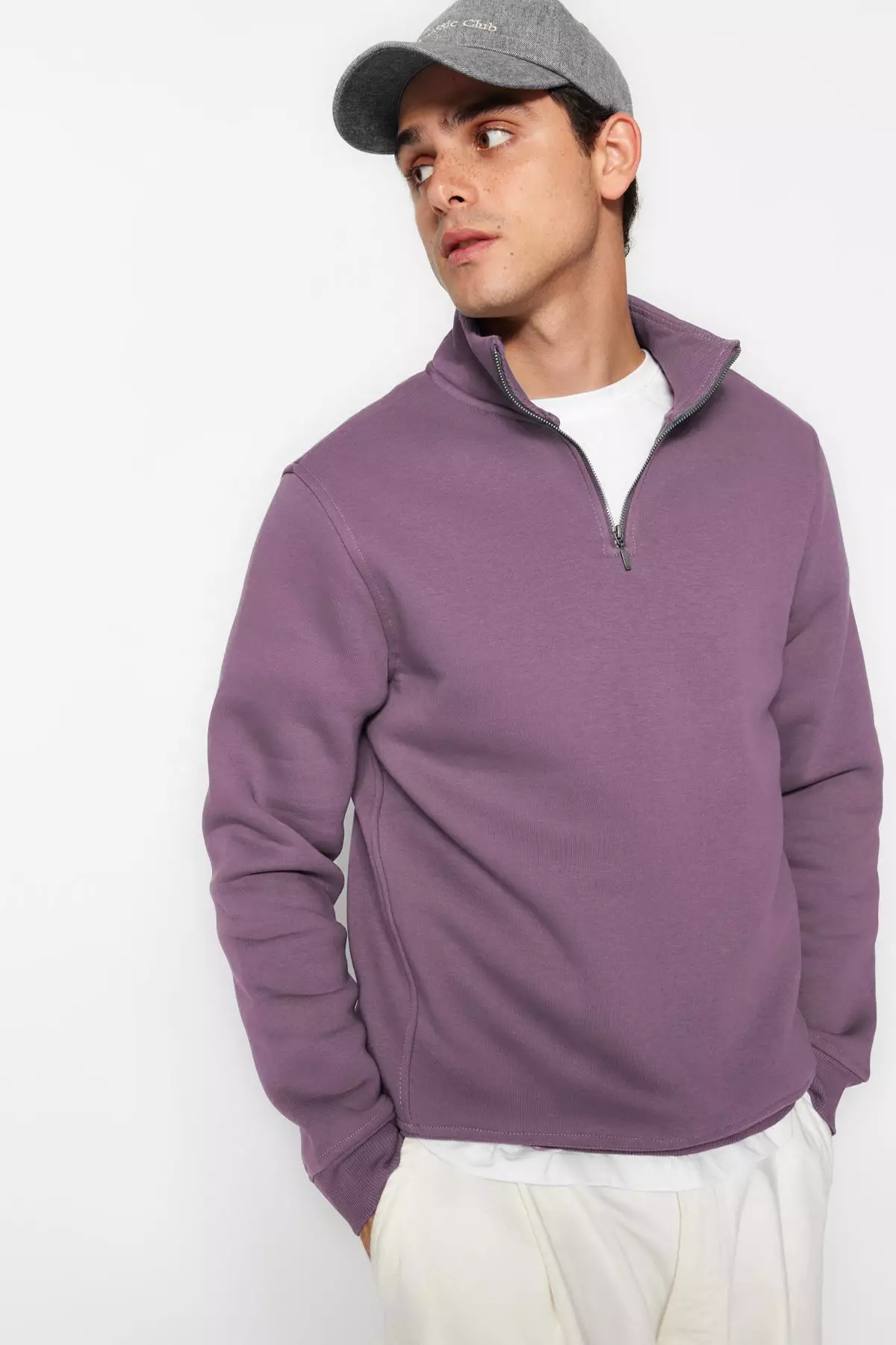 Purple Regular/Normal Cut Stand Collar Zippered Cotton Basic Polar Fleece Sweatshirt TMNAW24SW00041