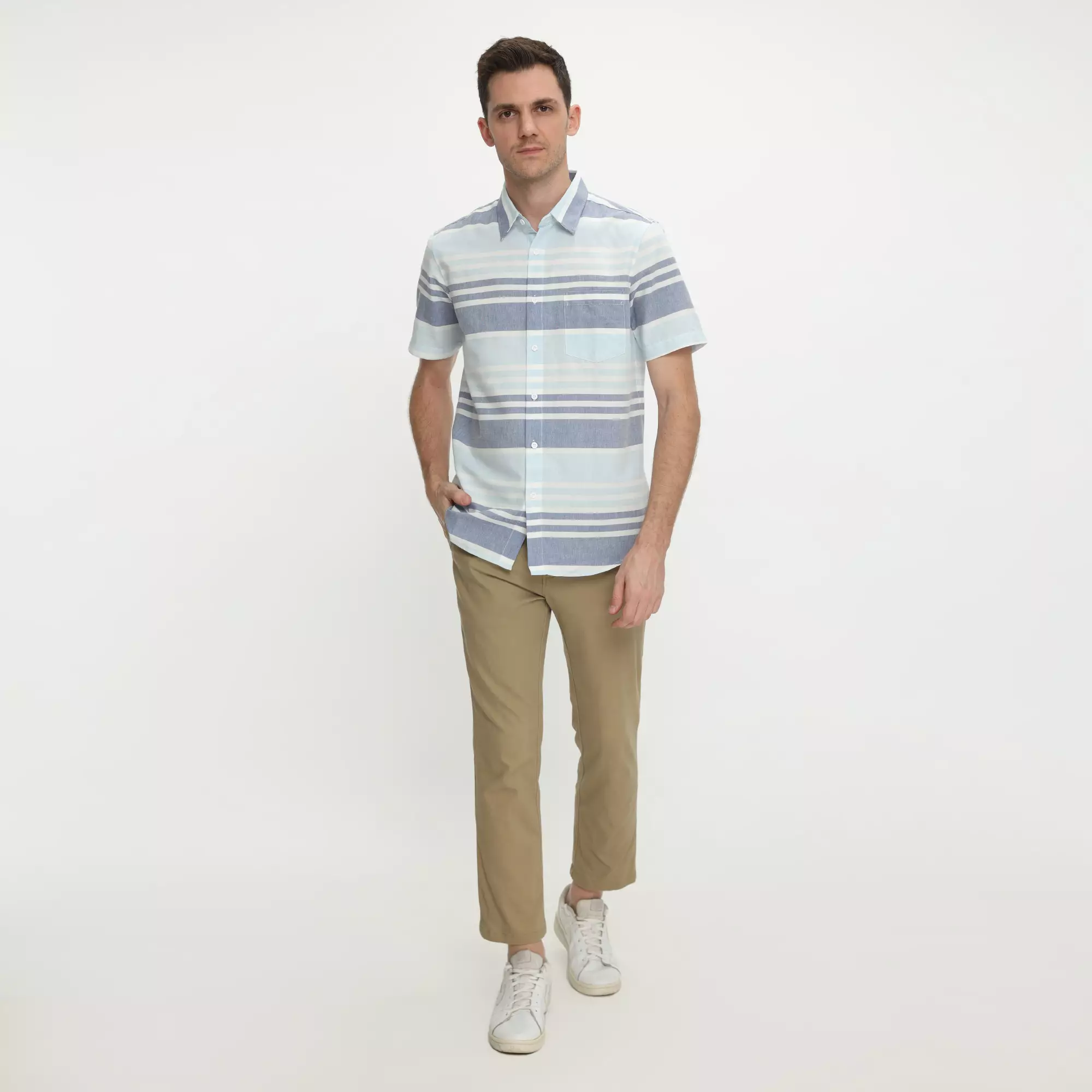 Platini Kemeja Motif Salur Pria Lengan Pendek Katun Blue 73491.21