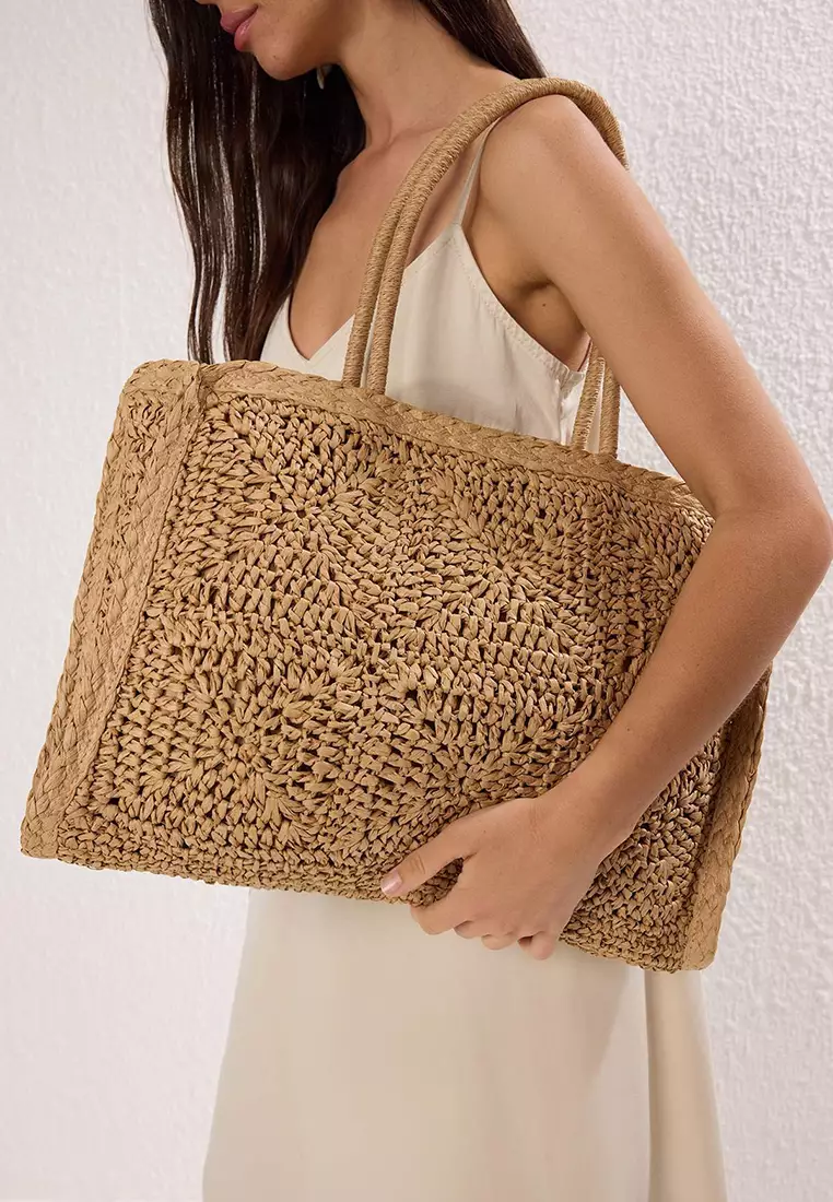 Camel Straw Hand Knitted Women's Maxi Shoulder Bag Takss25Oc00087