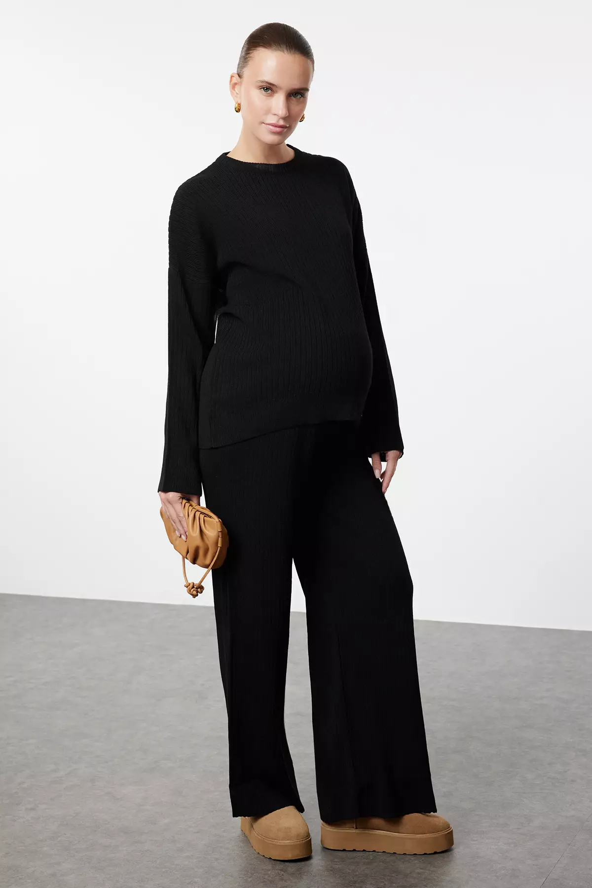 Plus Size Black Knitwear Sweater And Trousers Set Ribbed Crew Neck