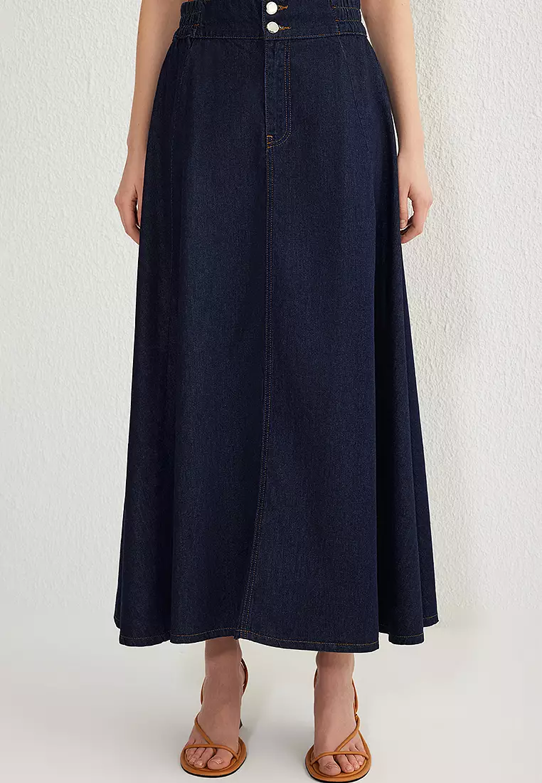 【BAON】Yeco Banding Balloon Denim Long Skirt Denim skirt with baaloon silhouette | Blue long skirt