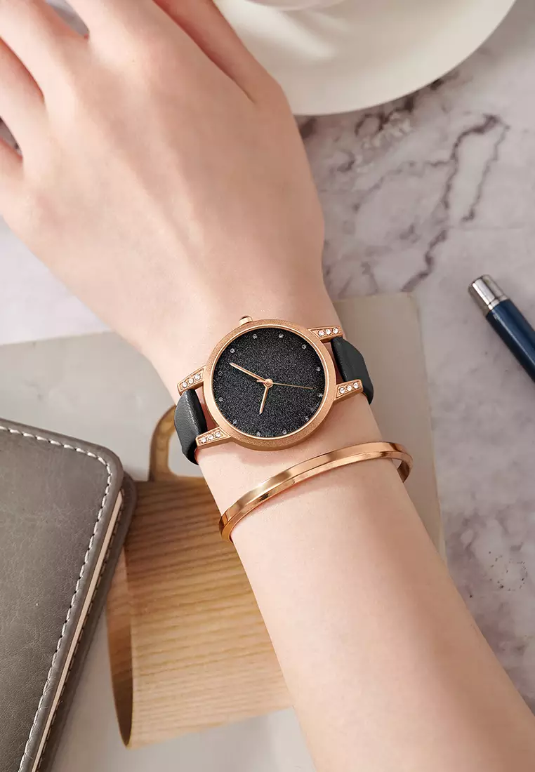 Jam Tangan Wanita Original Korea Mode Tali Kulit Jam Tangan Cewek SL3341 black