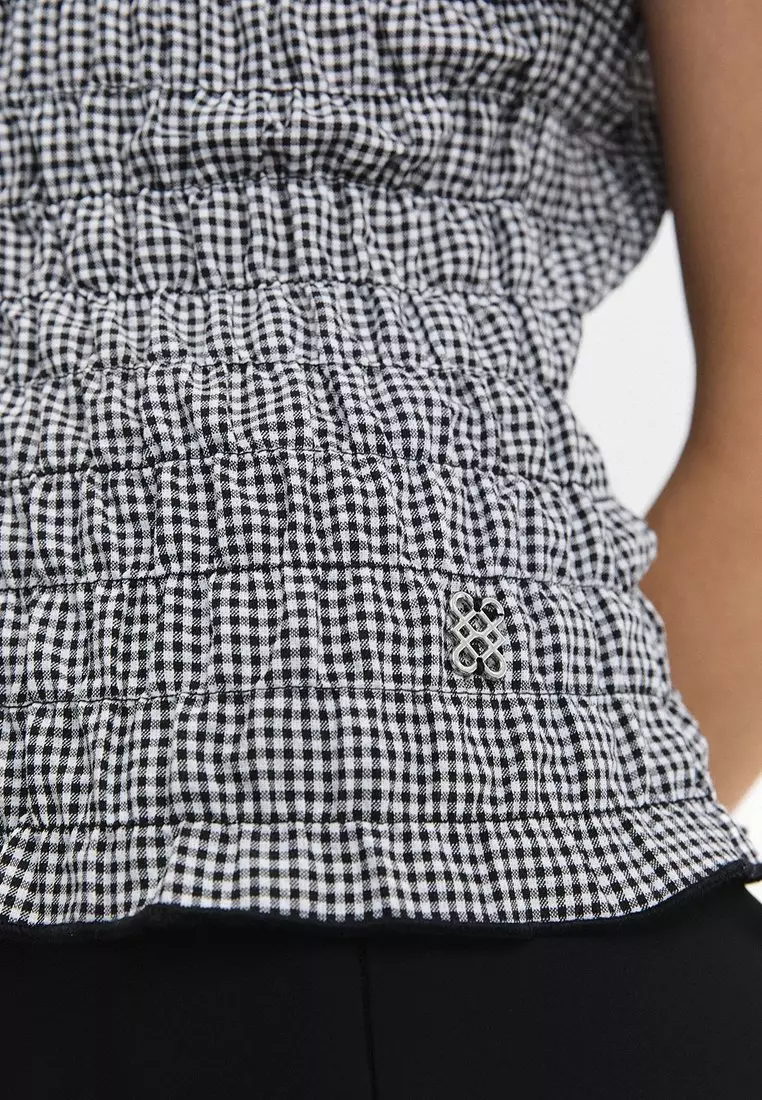 Gingham Shirred Blouse - Black