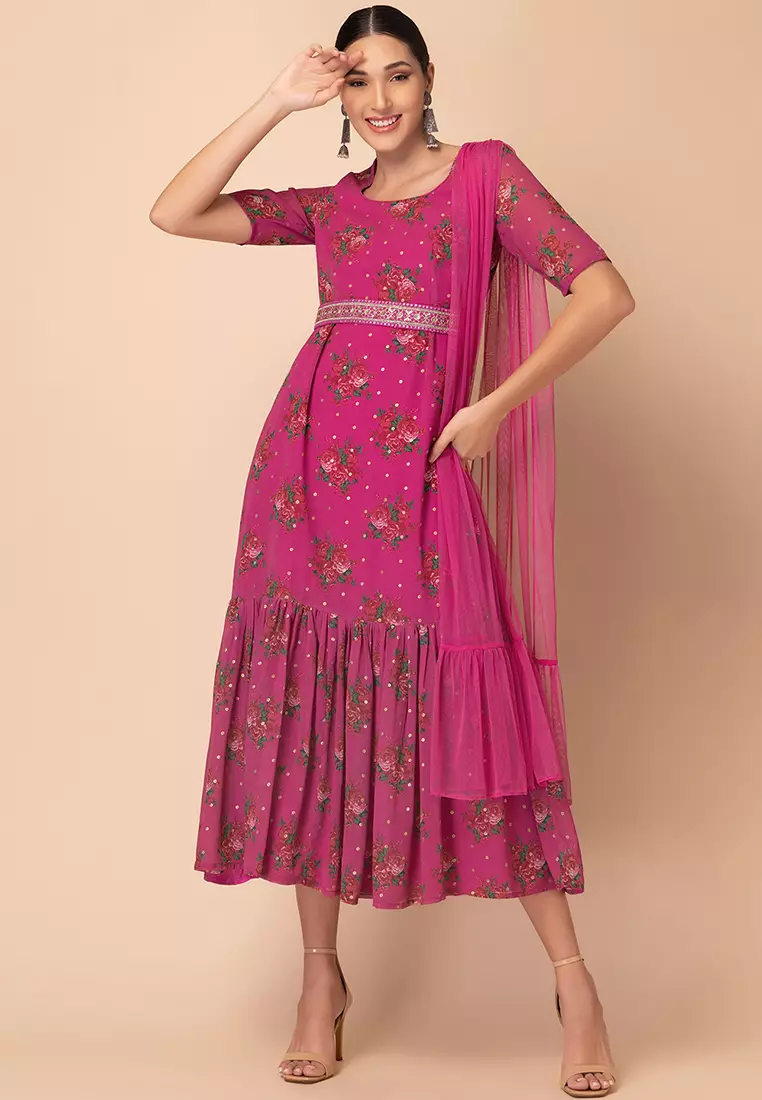 Hot Pink Foil Print Kurta With Attached Dupatta And Embroidered Belt