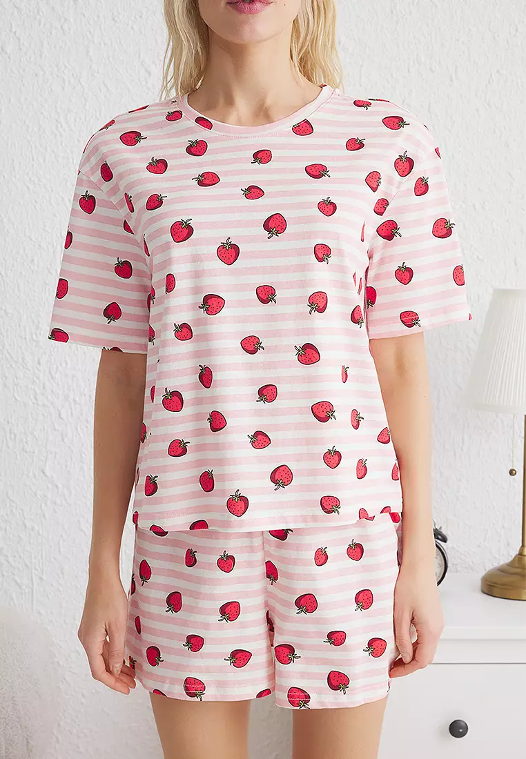 Pink-Multicolored Striped And Strawberry Patterned Shorts Knitted Pajama Set