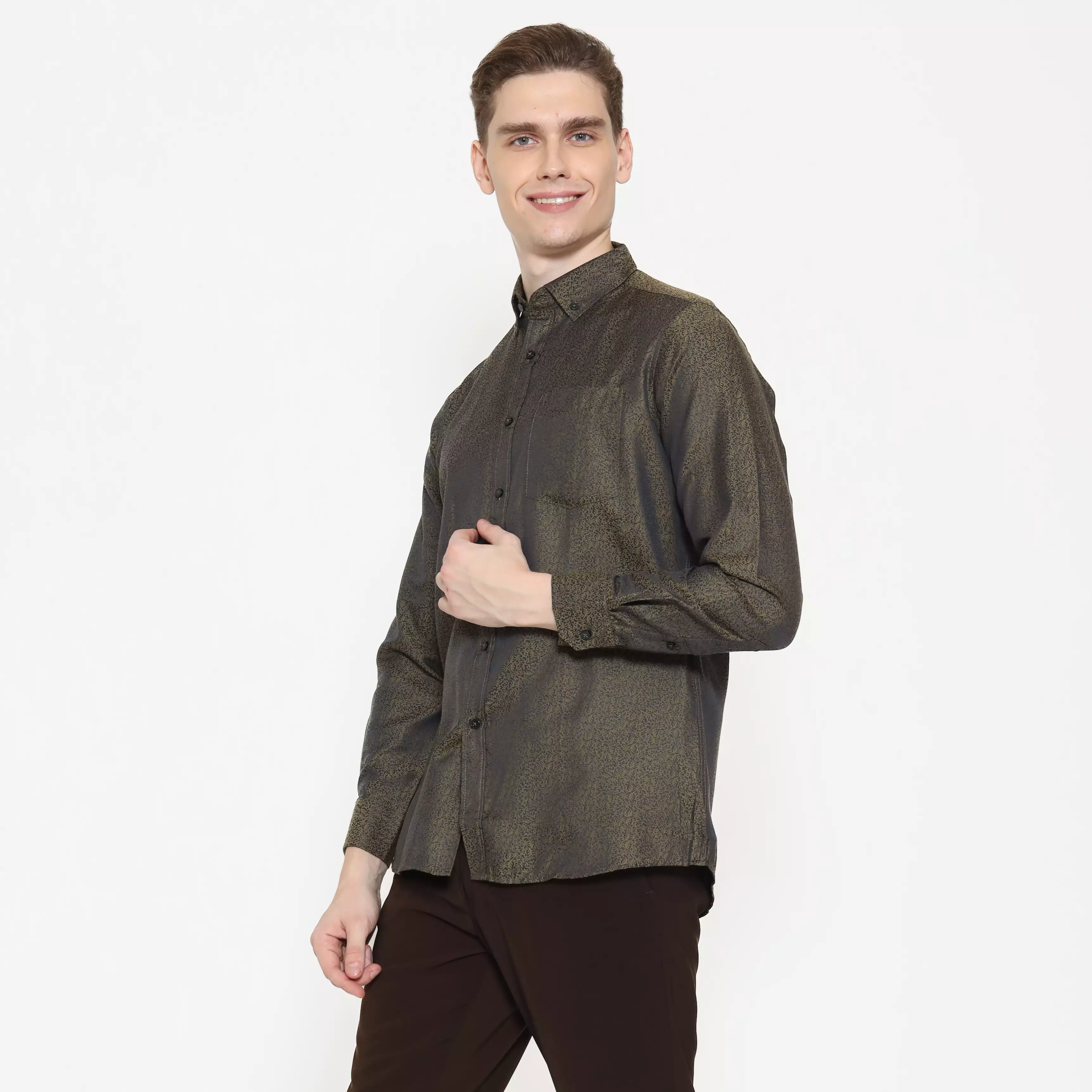 Schoeller Kemeja Pria Lengan Panjang Slim Fit Motif Abstrak Warna Olive – SHQKFLSFQP101QCTNQNM