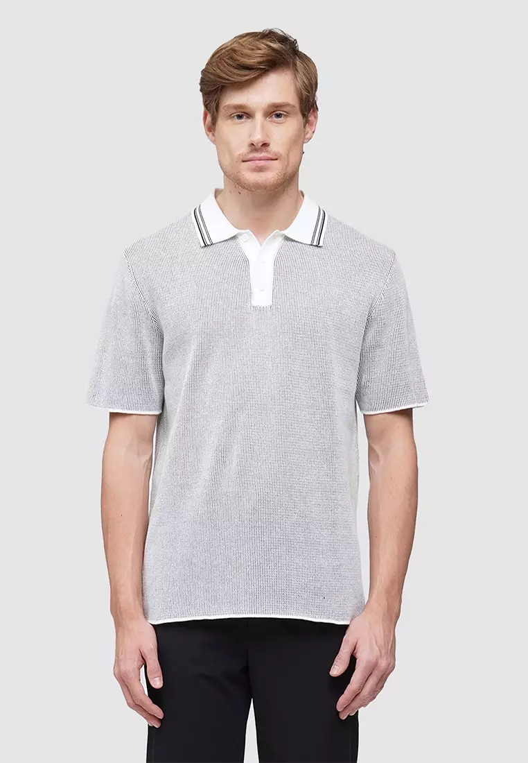 Buy MEMO Contrast Collar Textured Flat Knit Polo Shirt 2025 Online
