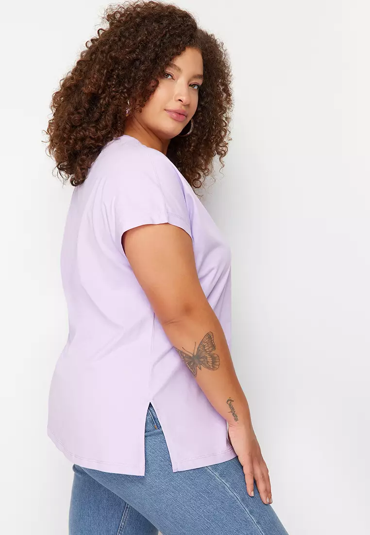 Plus Size V-Neck Slit T-Shirt
