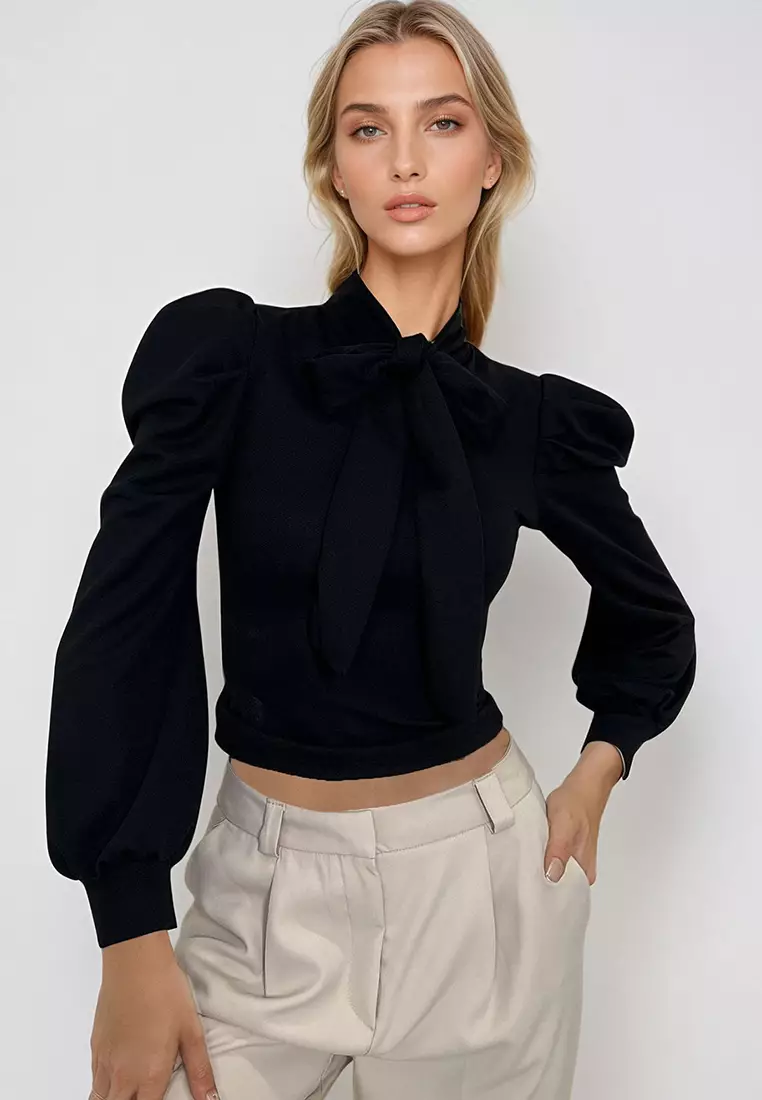Women's Black Halter Neck Princess Sleeve Woven Blouse
