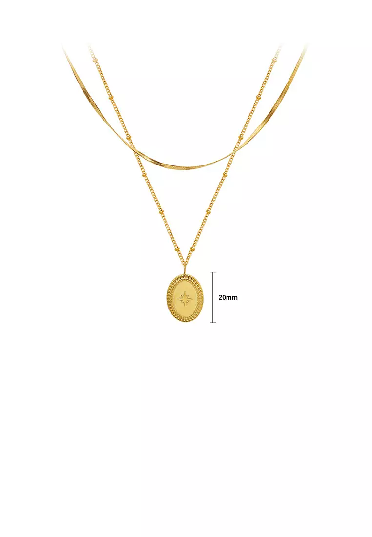 Simple Temperament Plated Gold 316L Stainless Steel Eight pointed Star Geometric Oval Pendant with Double layer Necklace