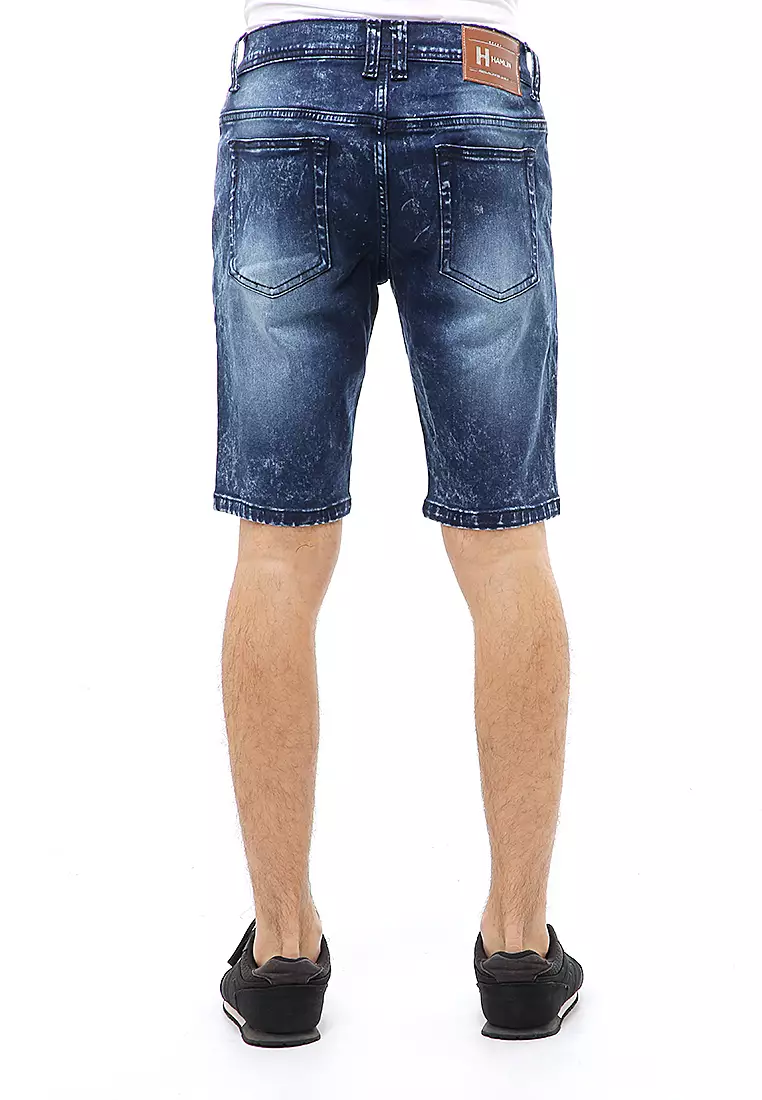 Locko Short Pants Ripped Jeans Celana Pendek Pria Sticker Motive Material Denim ORIGINAL - Retro Blue