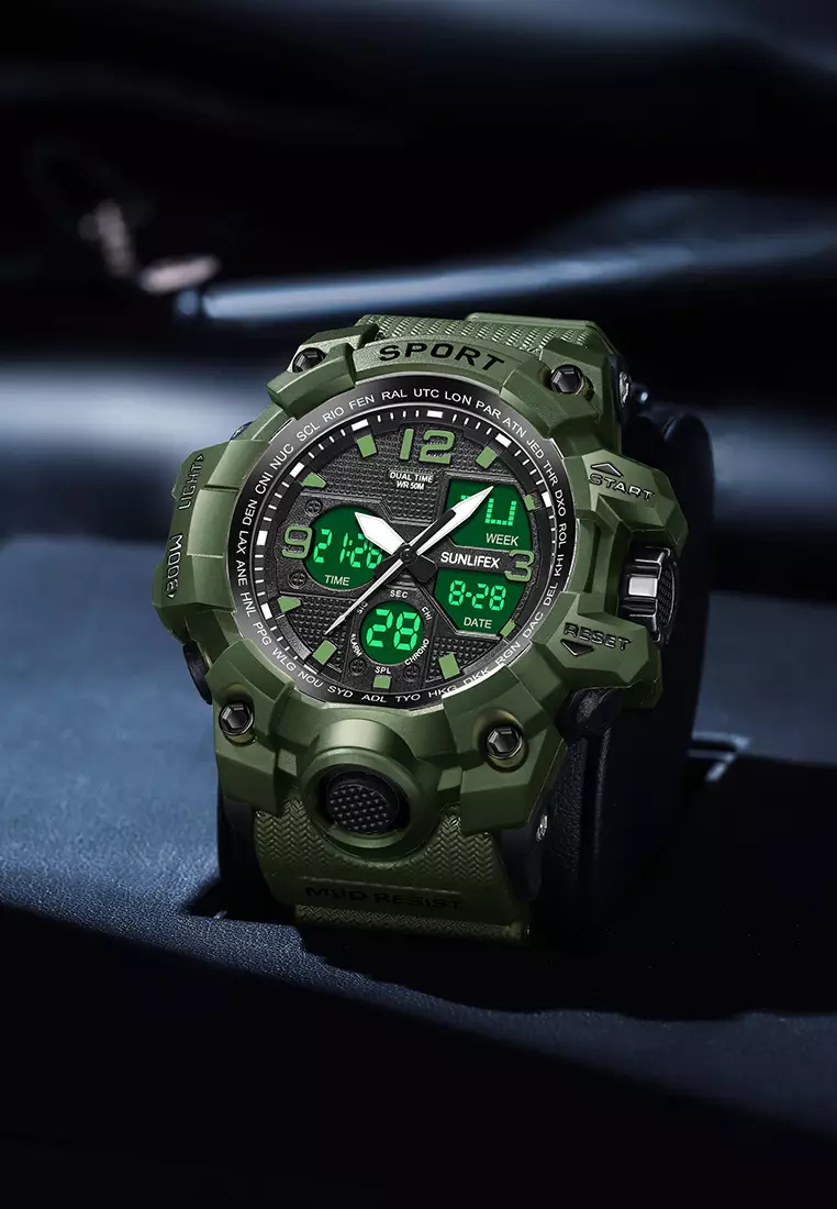Jam Tangan Pria Digital D008 Multifungsi Alarm Olahraga Bercahaya Analog Jam Tangan Cowok Green