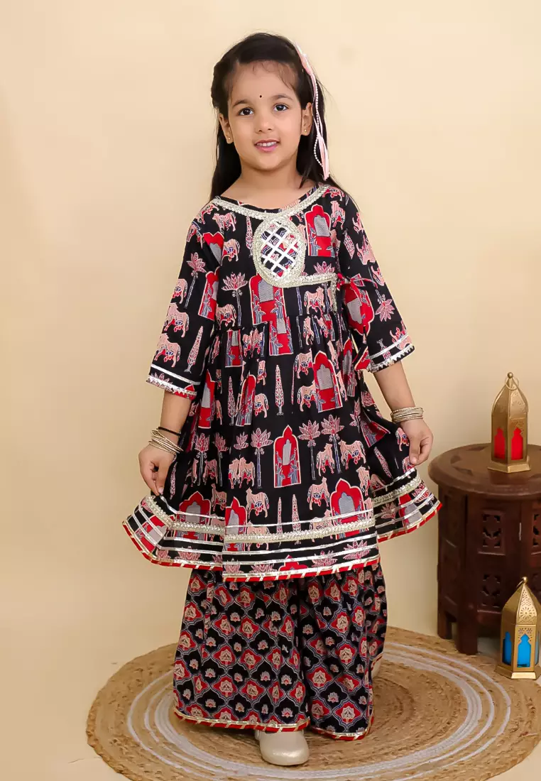 The Mom Store Girls Ragini Mudra Anarkali Kurta Sharara Set - Black