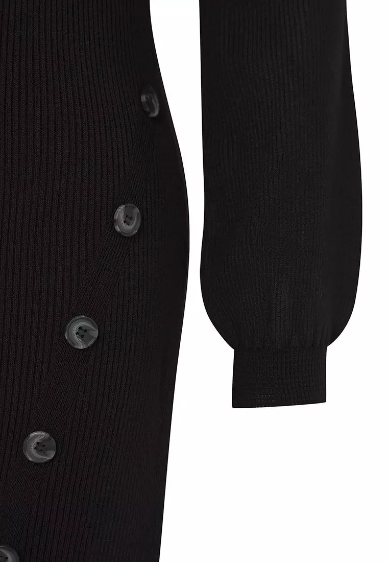 Black Button Detailed Slit Knitwear Dress Tbbaw24Ah00009