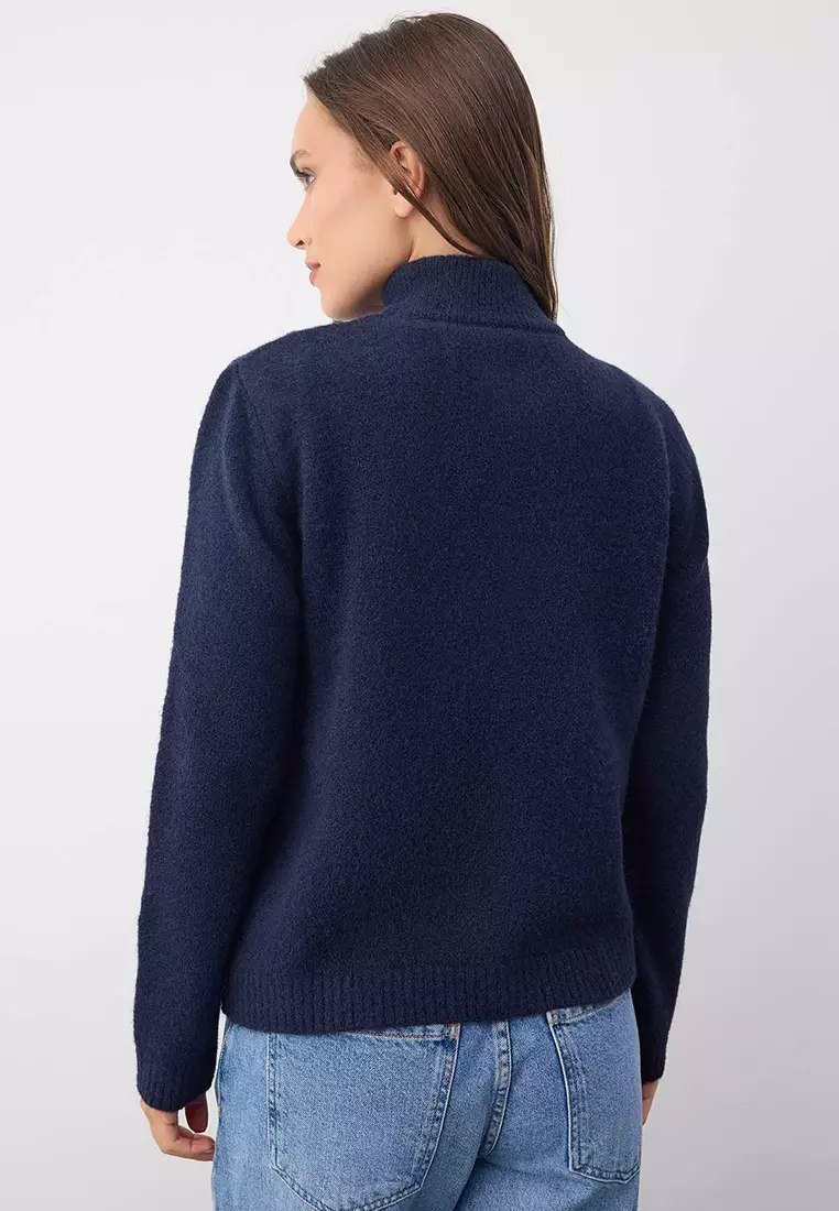 Wardrobe Essentials Navy Blue Wool Zippered Stand Collar Daisy Knit Cardigan |