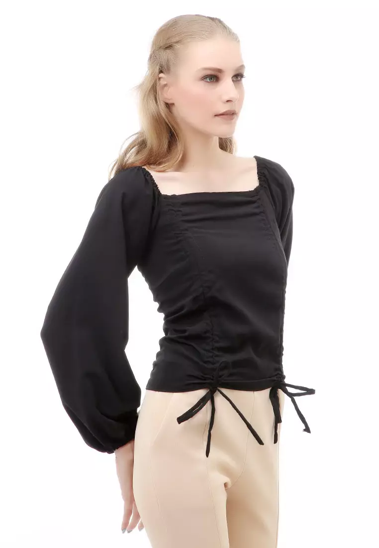 Cheva Blouse Atasan Wanita Sabrina Tali Lengan Panjang Casual Top Long Sleeve Comfortable Material Wolfis ORIGINAL - Black