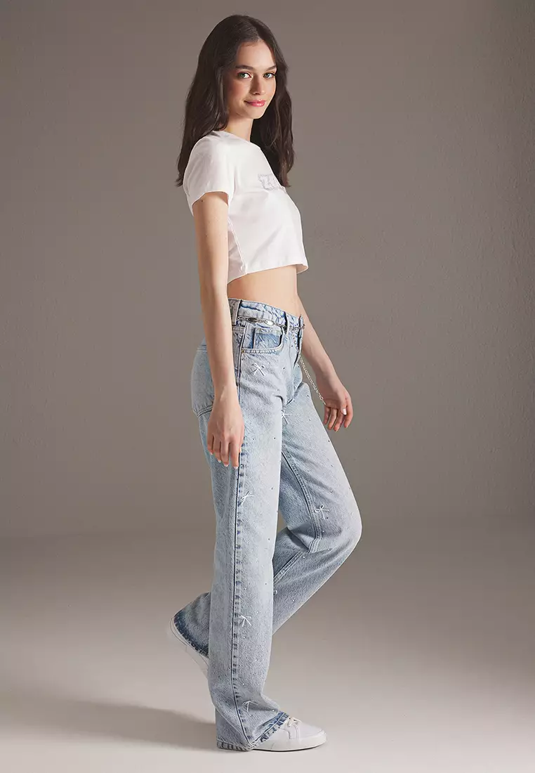 Blue Ribbon/Bow Detailed Stoned Normal Waist Wide Leg Jeans TWOSS25JE00234