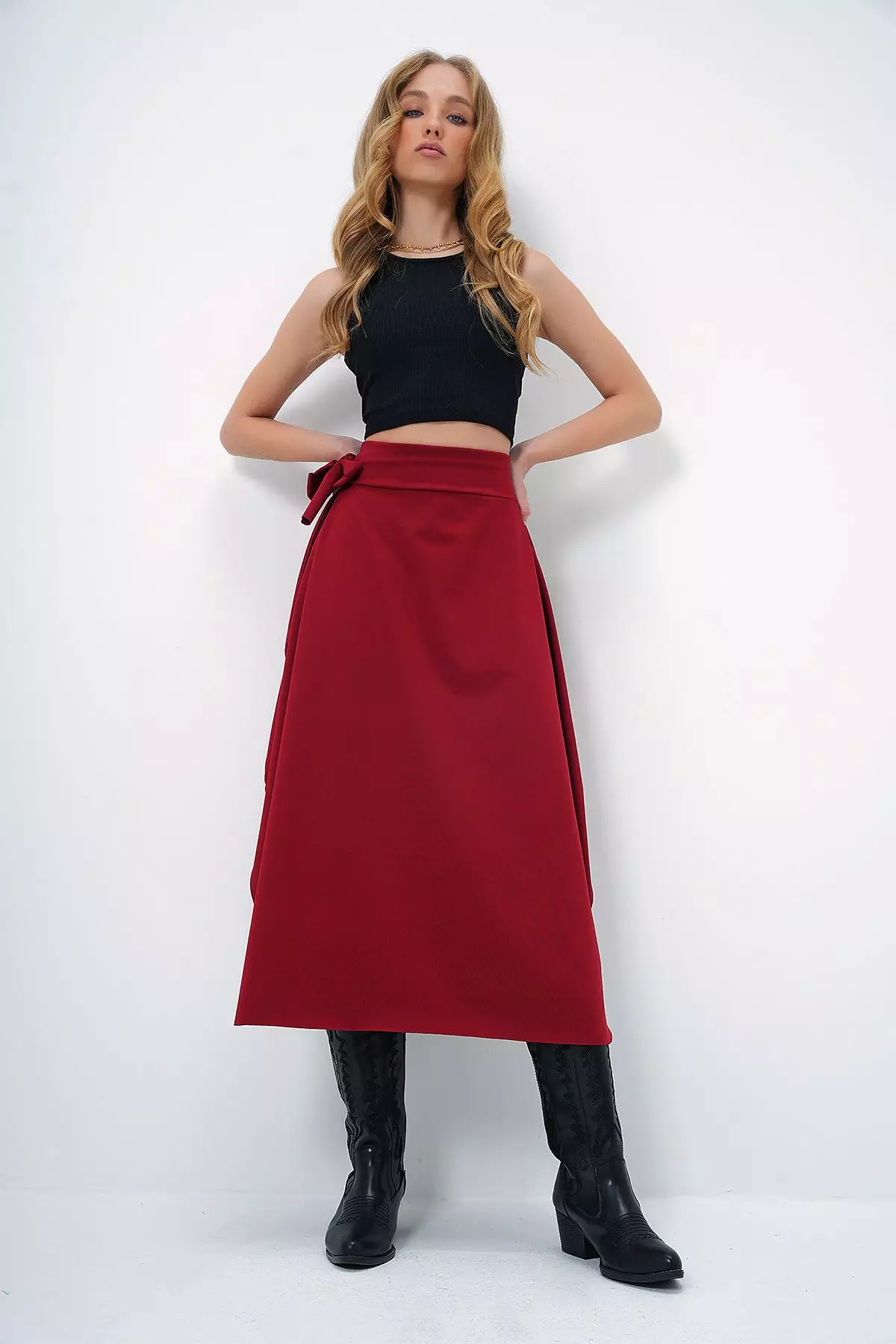 Bordeaux Ethnic Pattern Midi Asymmetric Regular Skirt