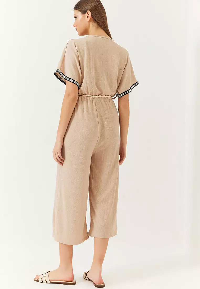 Women's Double Breasted Collar Sleeve Detail Elastic Waist Belted Crinkle Jumpsuit 60261418