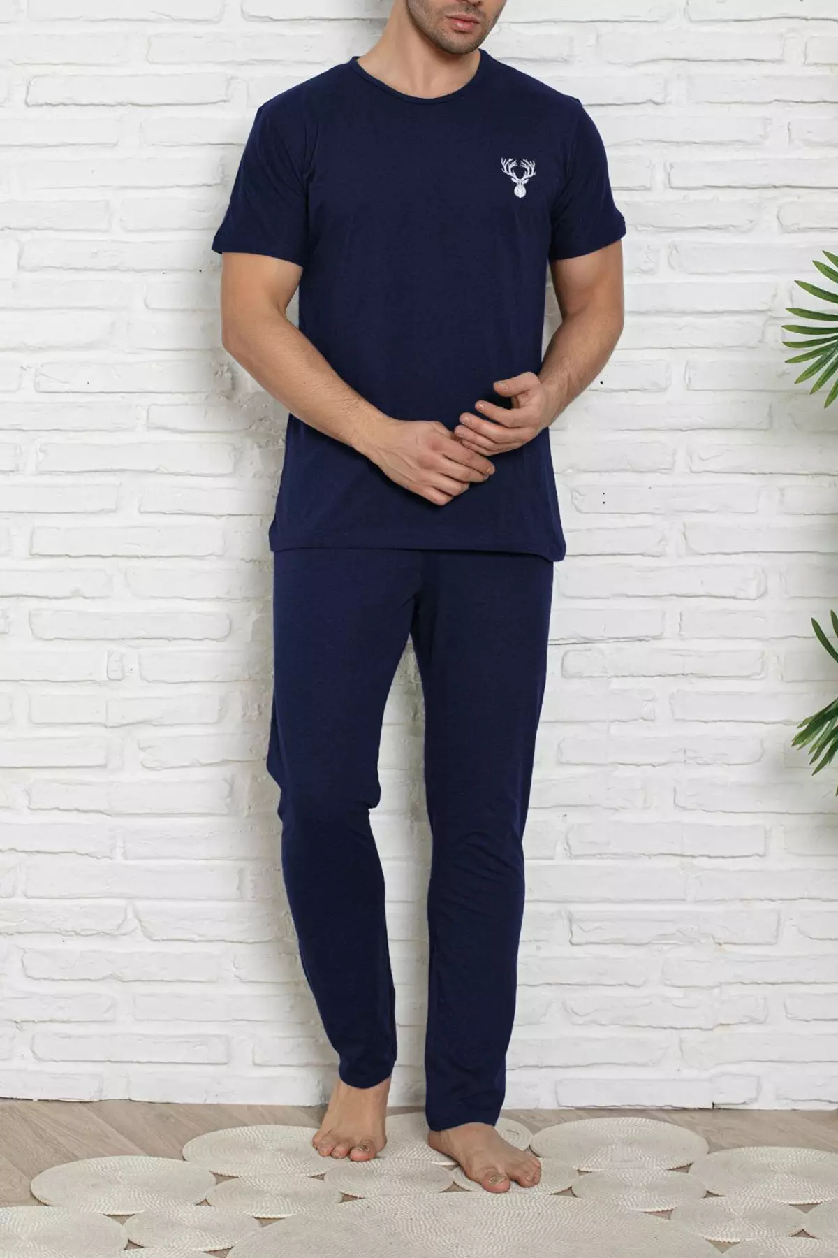 Navy Blue Regular Fit Knitted Pajamas Set Tmnss25Pt00040