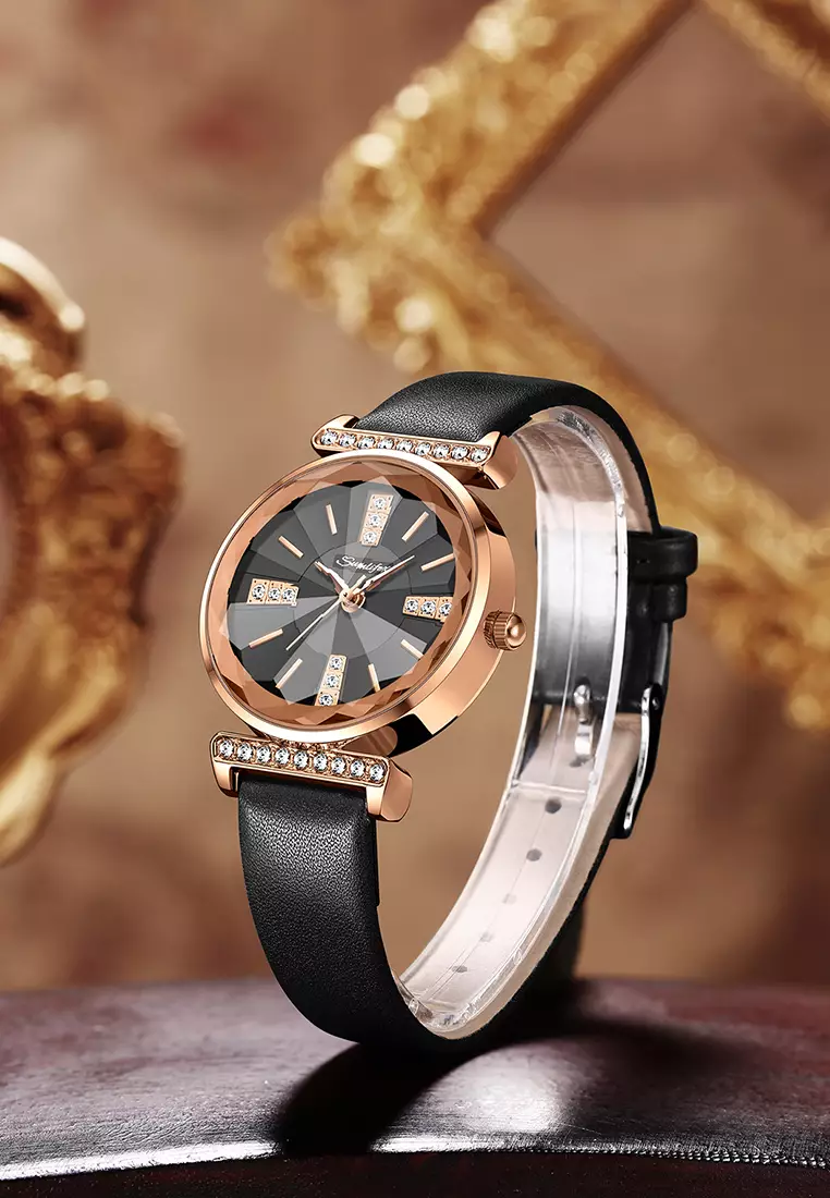 Jam Tangan Wanita Berlian Anggun Gaya Antik Tali Kulit Original Jam Tangan Cewek 8008 allblack