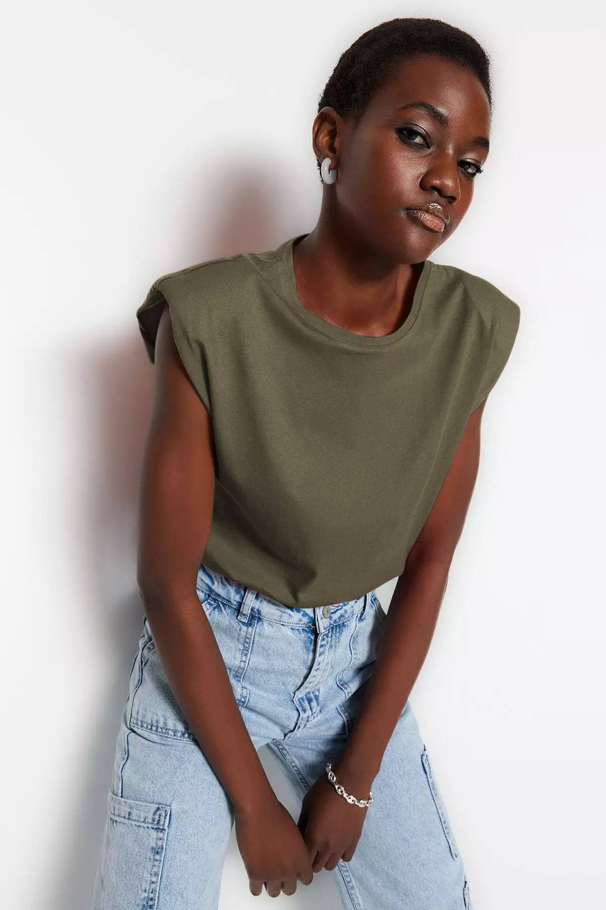 Khaki Padded Crop Crew Neck Knitted T-Shirt