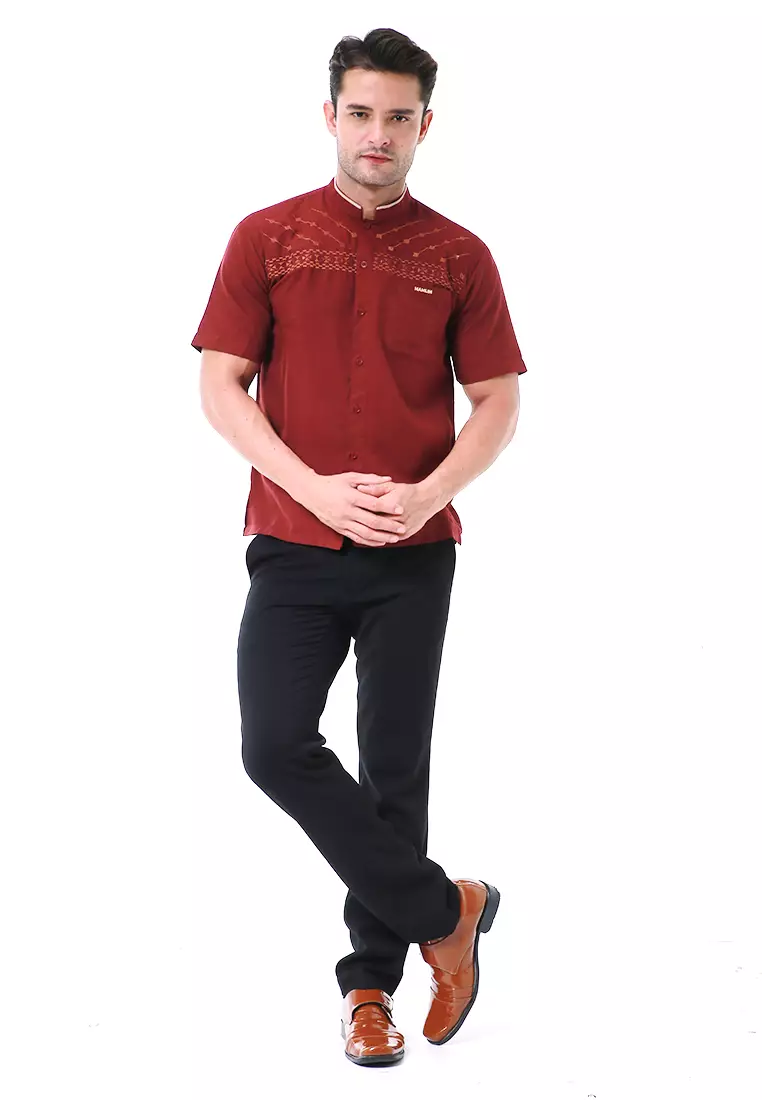Leopold Kemeja Koko Pria Lengan Pendek Motif Bordir Material Cotton ORIGINAL - Maroon