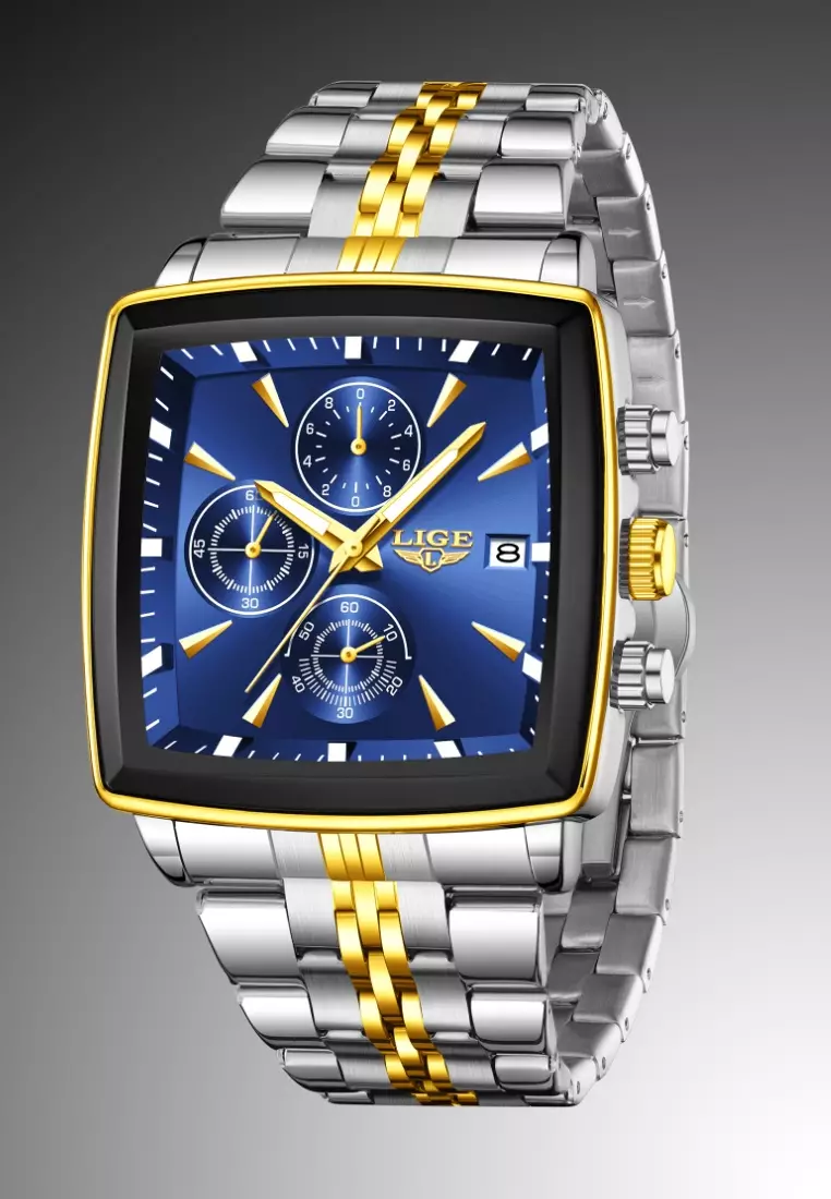 Chronograph Unisex Gold color finished Stainless Steel Quartz Watch 40X40mm, Green Dial, on Bicolor Bracelet