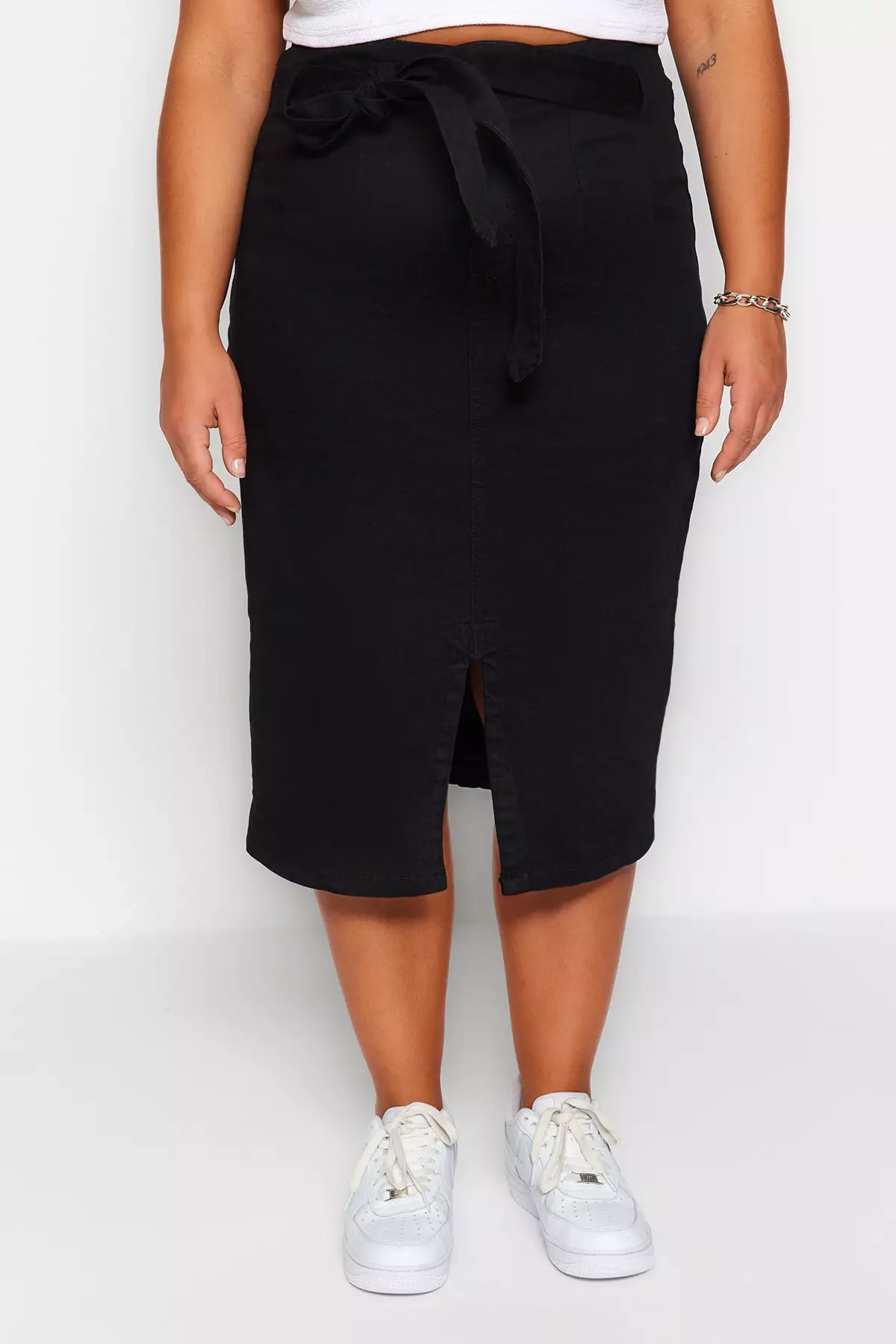 Plus Size High Waist Slit Denim Midi Skirt