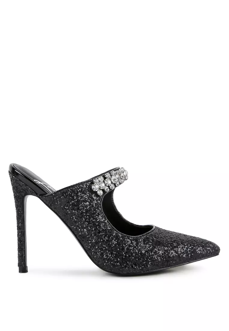 Discount on London Rag  shoes - SKU: Black Glitter Diamante High Heeled Sandals