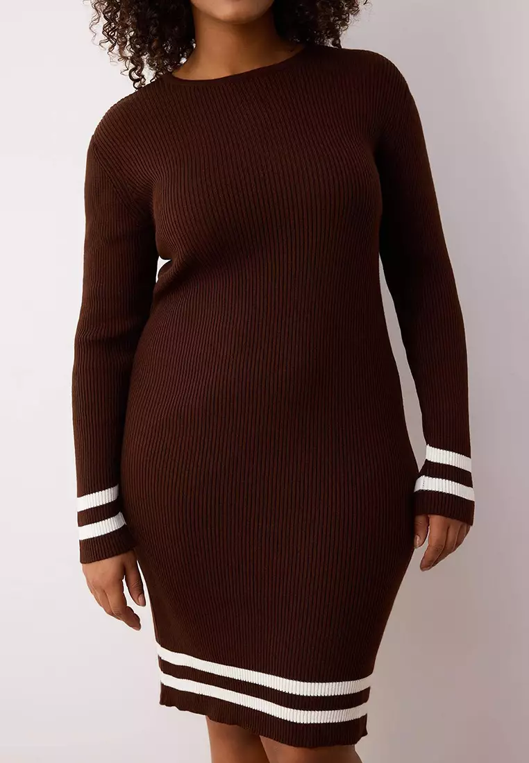 Brown Striped Detailed Ribbed Knitwear Dress Tbbaw24Ah00019