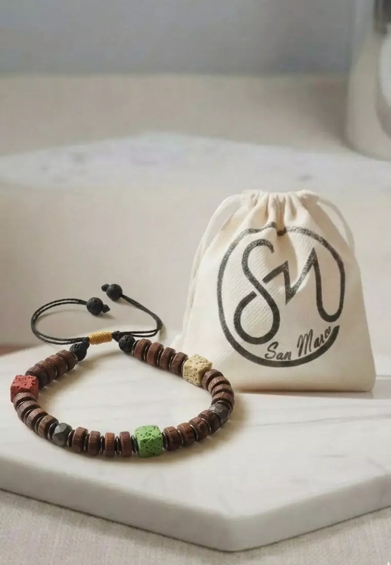 Aksesoris Gelang Pria Wooden Beads & Lava Stones Cubes  Bracelet Brown & Multi