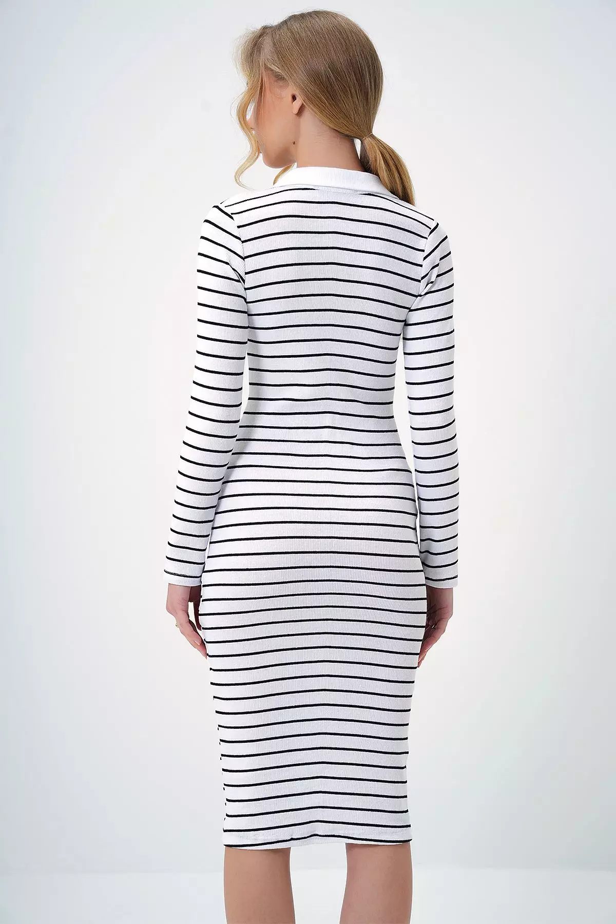 Women's White Striped Polo Neck Sweetheart Embroidery Buttoned Basic Dress