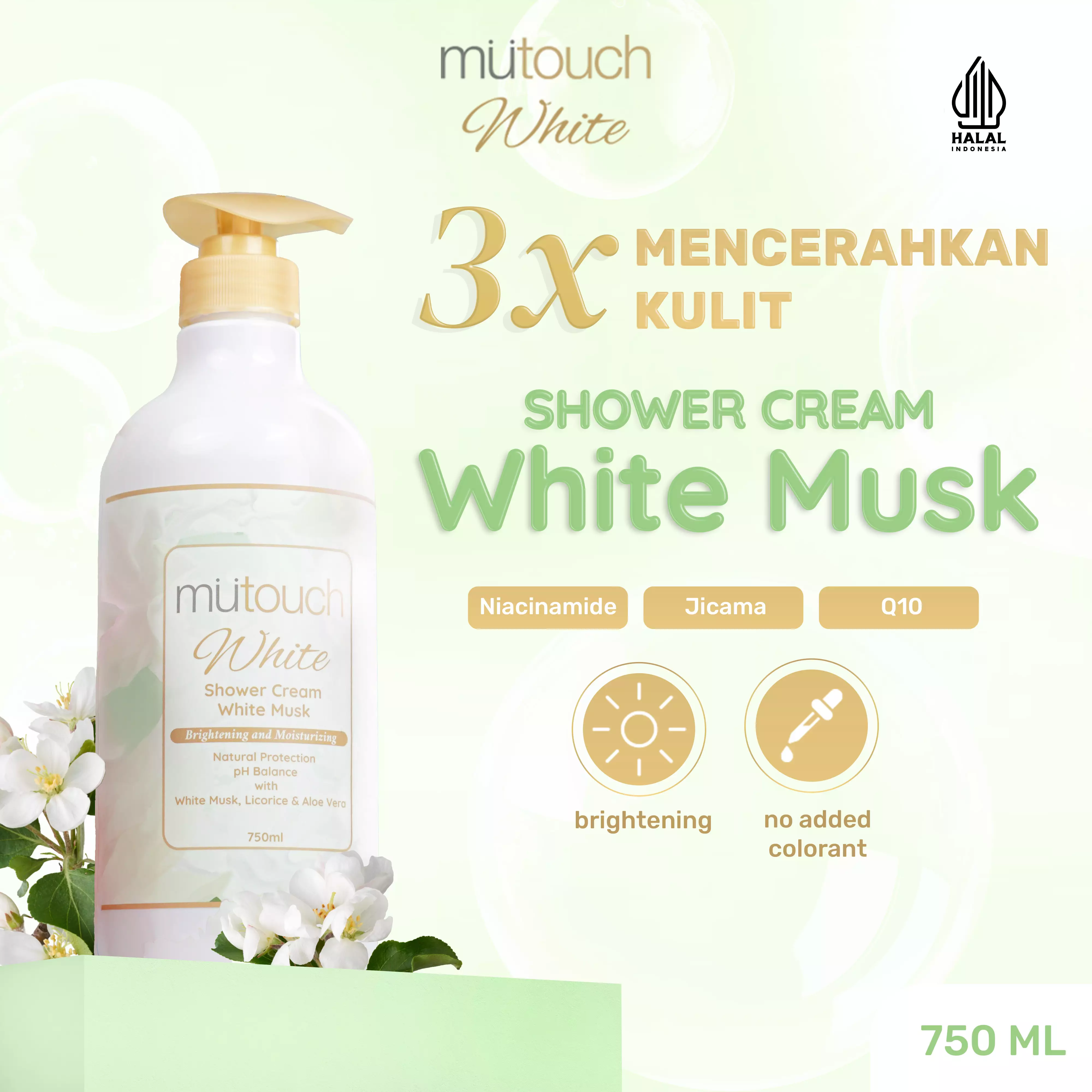 Mutouch White Shower Cream Brightening and Moisturizing – White Musk 750ml FREE SHOWER PUFF