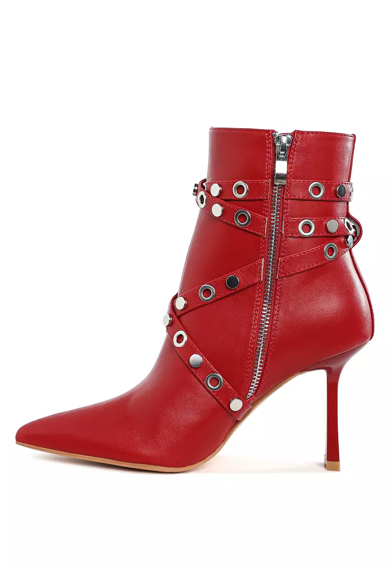 Eyelets & Studs Harness Ankle Boots in Red
