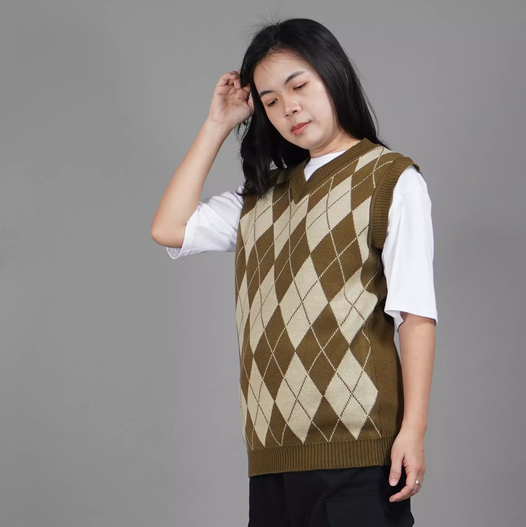 VEST WINDY Kardigan Rajut Motif Ketupat Knit Cardigan - BRONZE