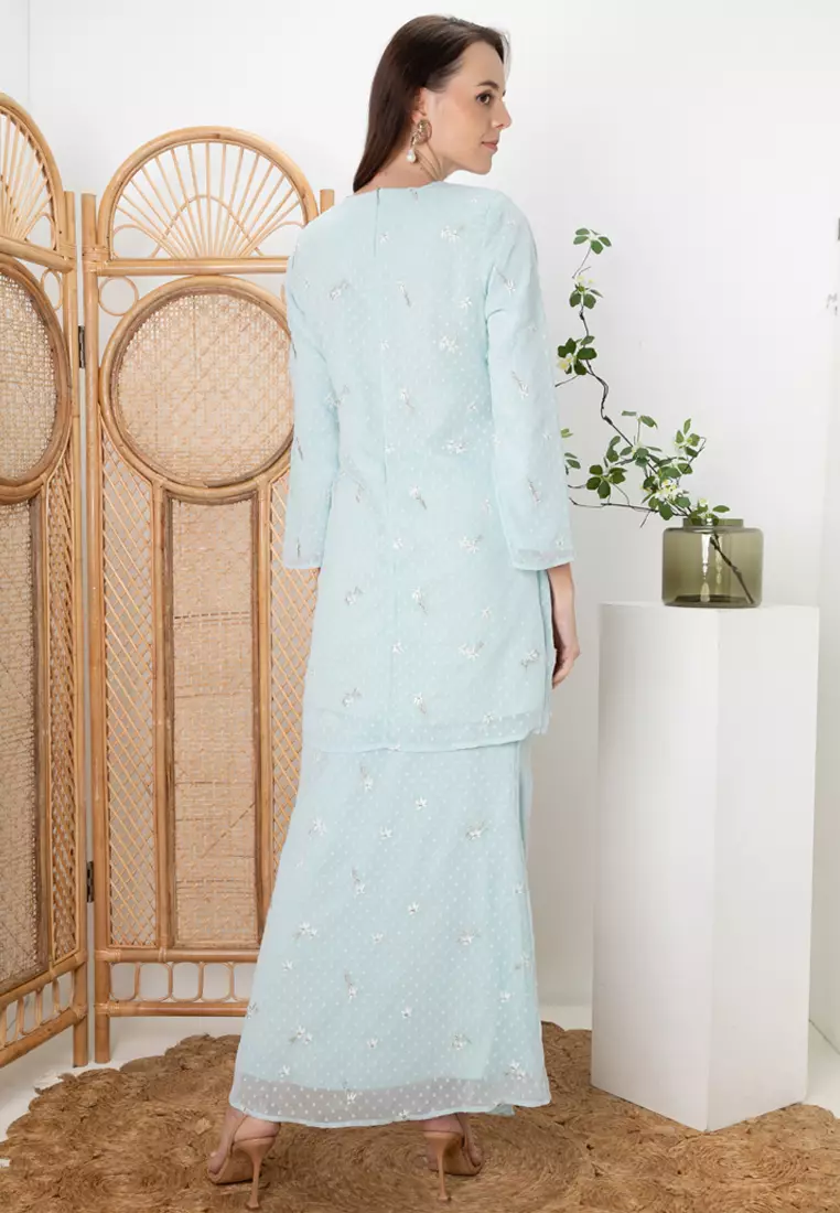 PUTRI Sulaman Emas Chiffon Embroidery Baju Kurung Modern in Mint Green