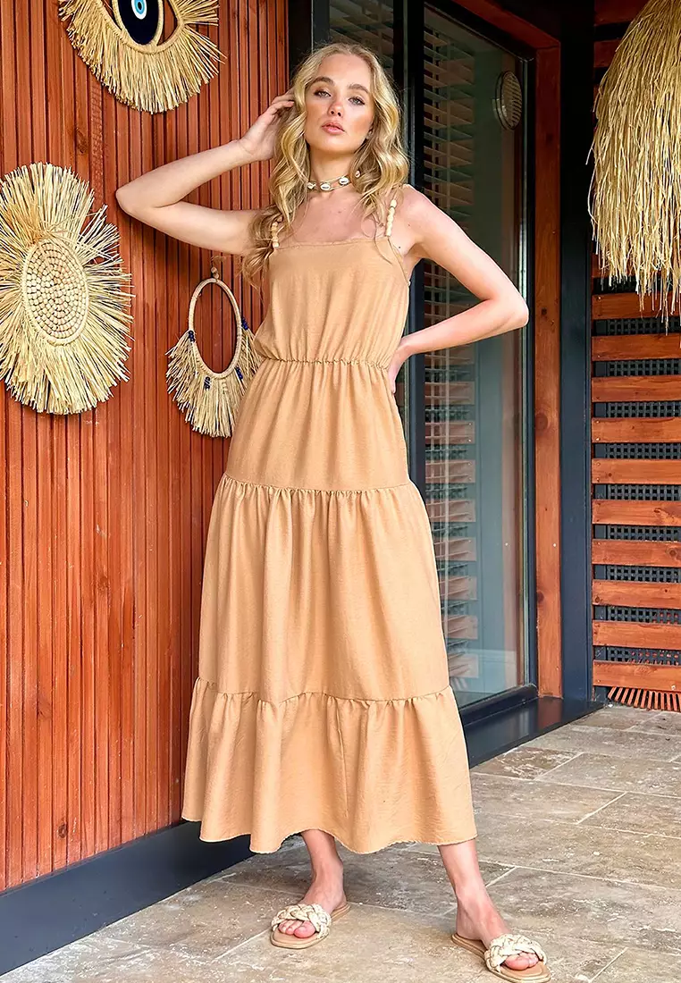 Women's Dark Beige Layered Flounce Strap Midilength Dress With Bead Accessories Alc-X12333
