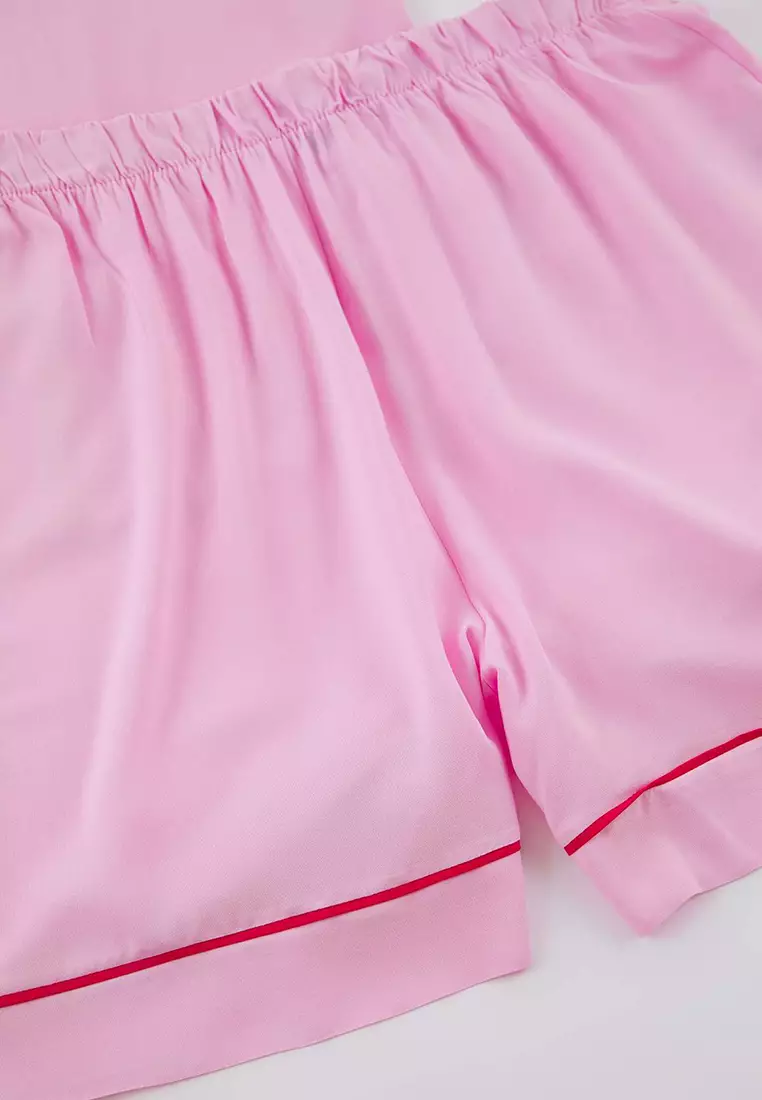 Pink Piping Detailed Viscose Woven Pajama Set Tbbss25Ai00016